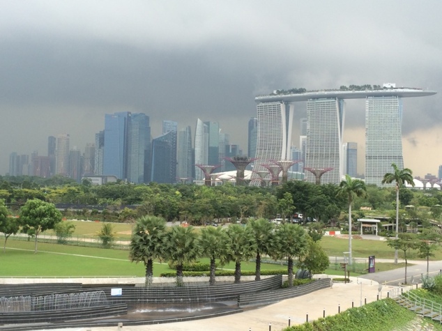 View from the Marina Barrage back towards the Gardens by the Bay, the Marina Sands and the financial district